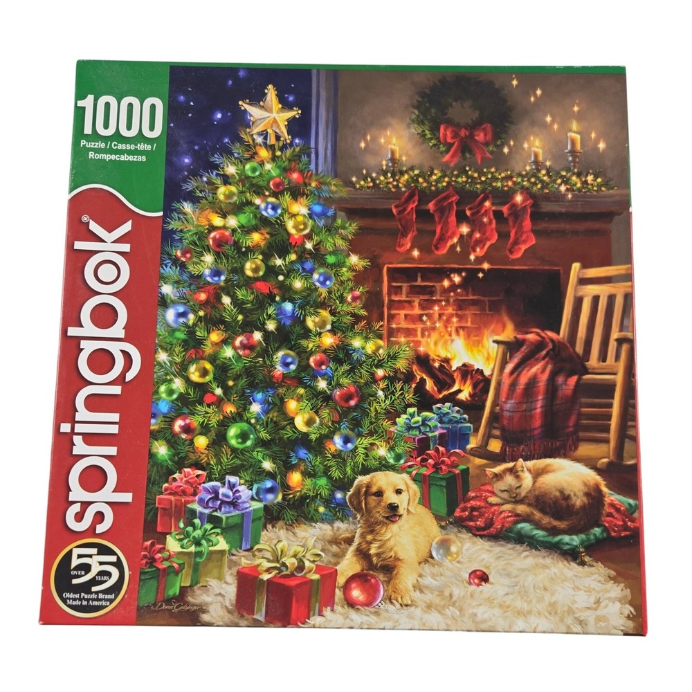 Springbok Christmas Puzzle 1000 Piece Donna Geisinger Tree Fireplace Dog Cat